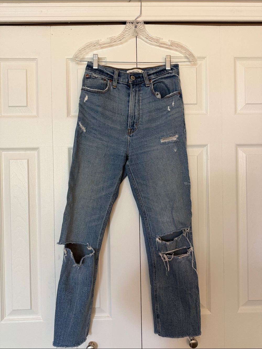 Abercrombie & Fitch Distressed Straight-Leg Jeans in Blue Denim